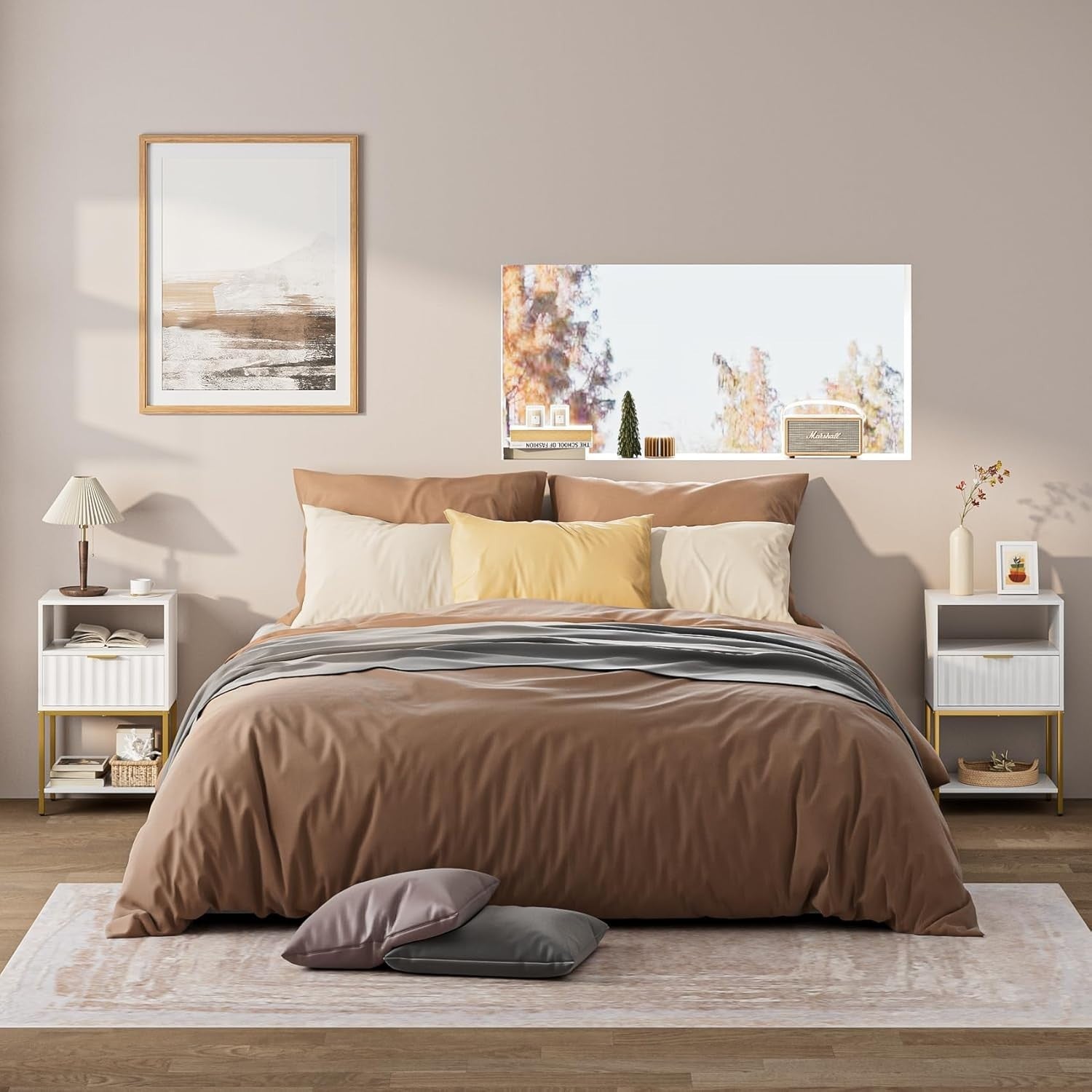 White Bedside Table with Gold Frame – Modern 3-Tier Storage Side Table
