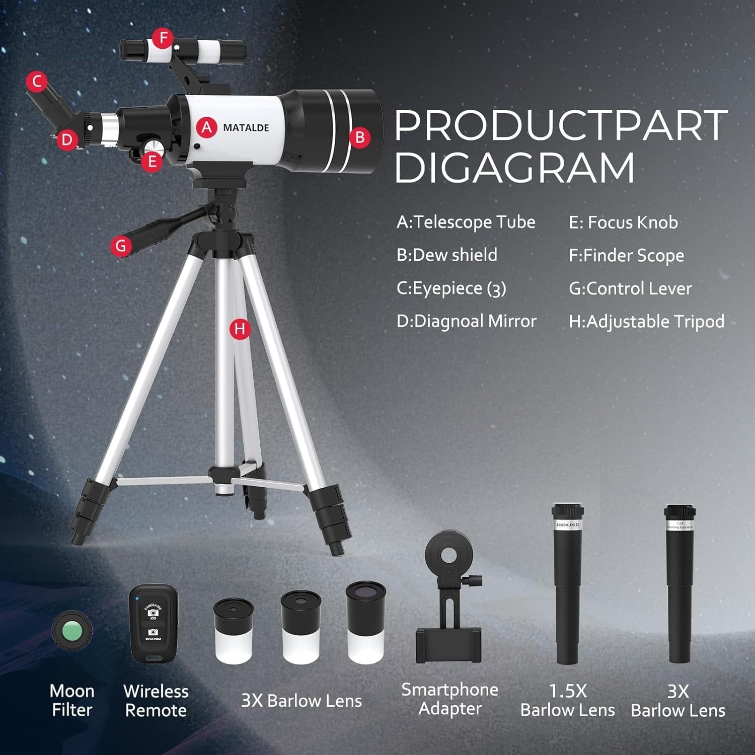 Beginner Telescope 70mm Refractor Astronomy Kit 15X-150X White Tripod