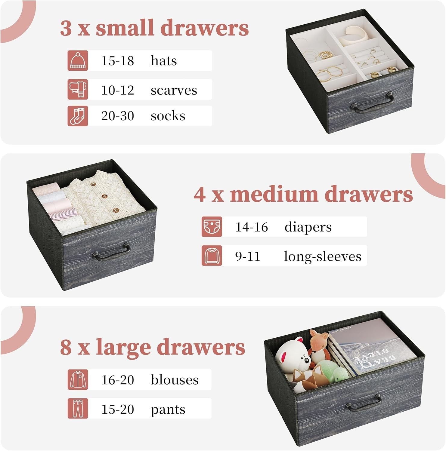 15 Drawer Fabric Chest Storage Unit Tall Dresser Wood Top Black Slim