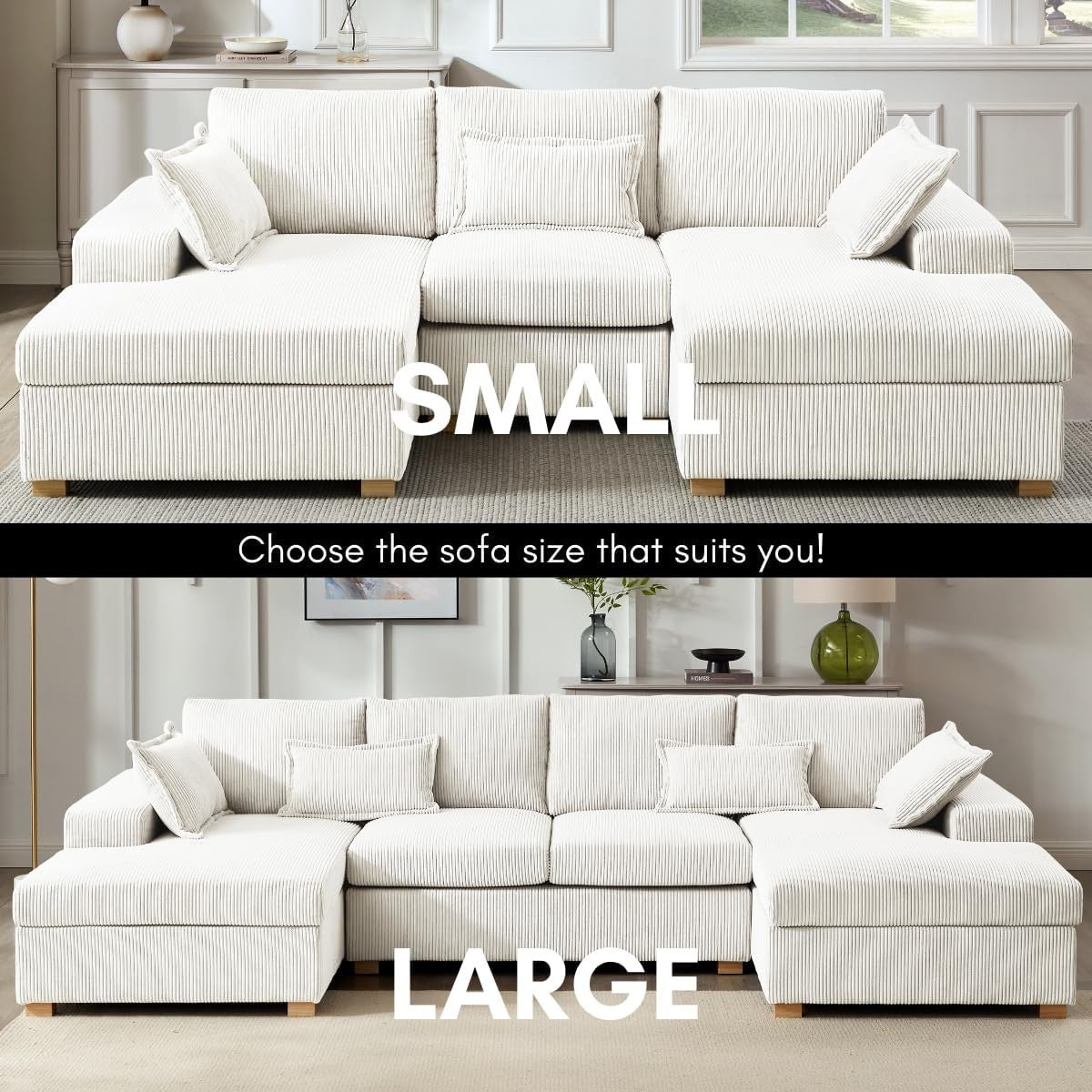 U-Shape Fabric Sofa Jumbo Cord 4-Seater Cream | Deep Seat + Optional Footstool