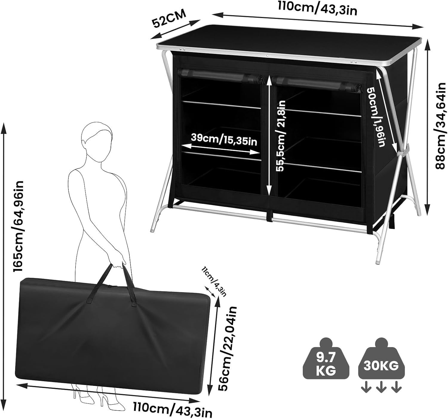 Camping Kitchen Table Foldable with Storage Cupboards & Carry Bag