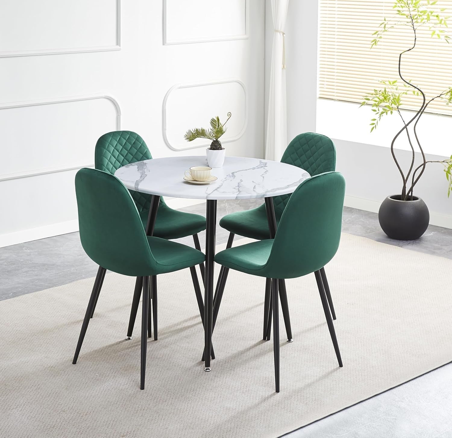 Round Marble Dining Table 4 Green Velvet Chairs Modern 90cm Kitchen Set