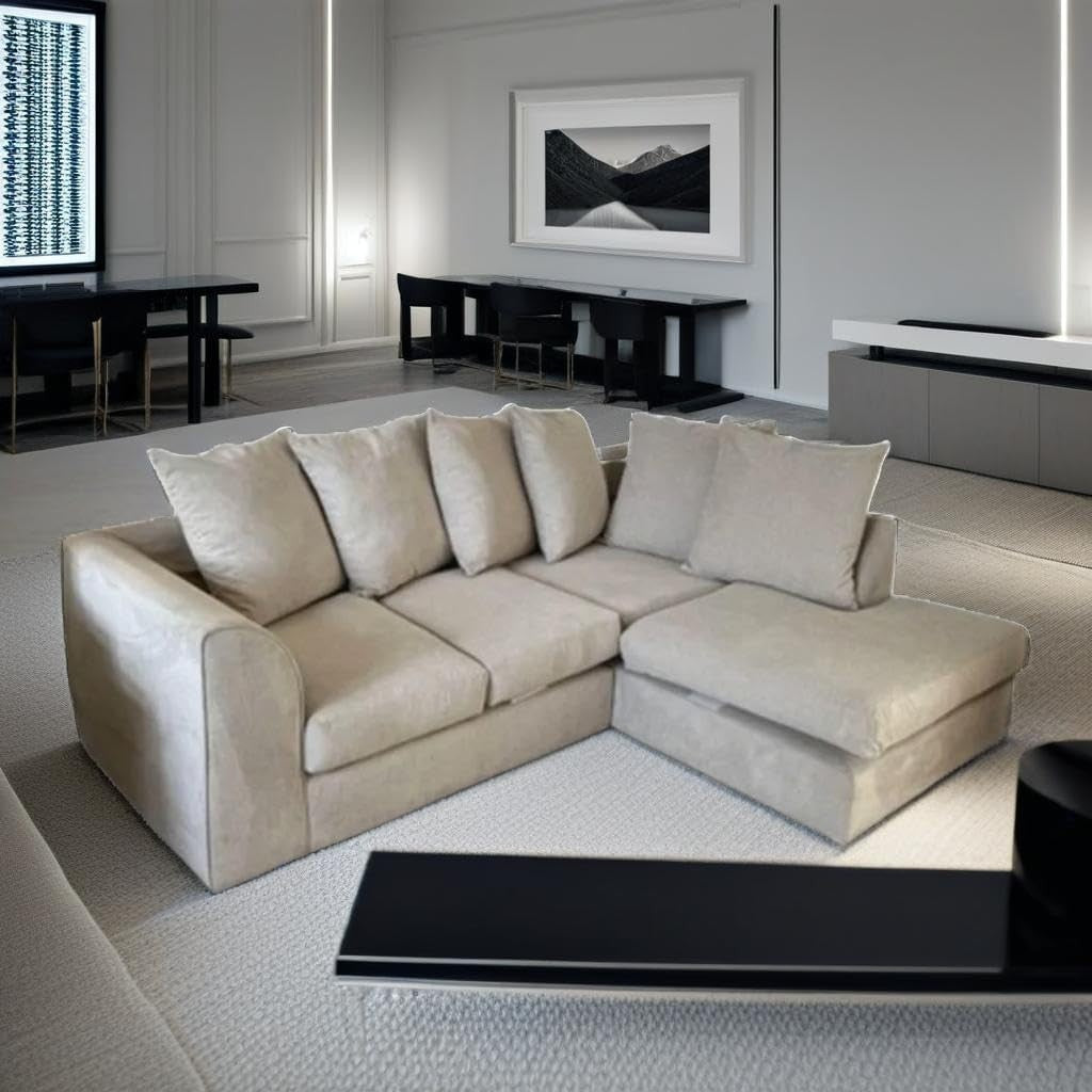 L Shaped Corner Sofa Right Hand – Cream Velvet 4 Seater – Deep Plush Scatter Bac