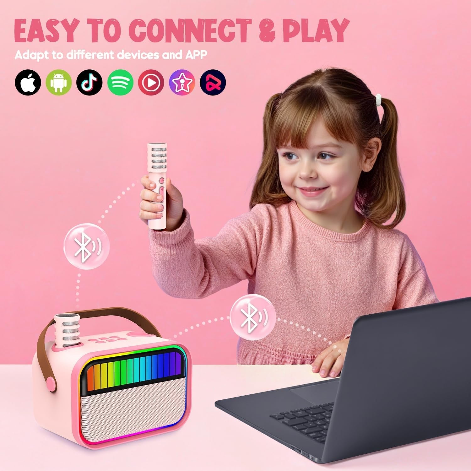 Kids Karaoke Machine with 2 Mics Bluetooth Party Speaker Pink