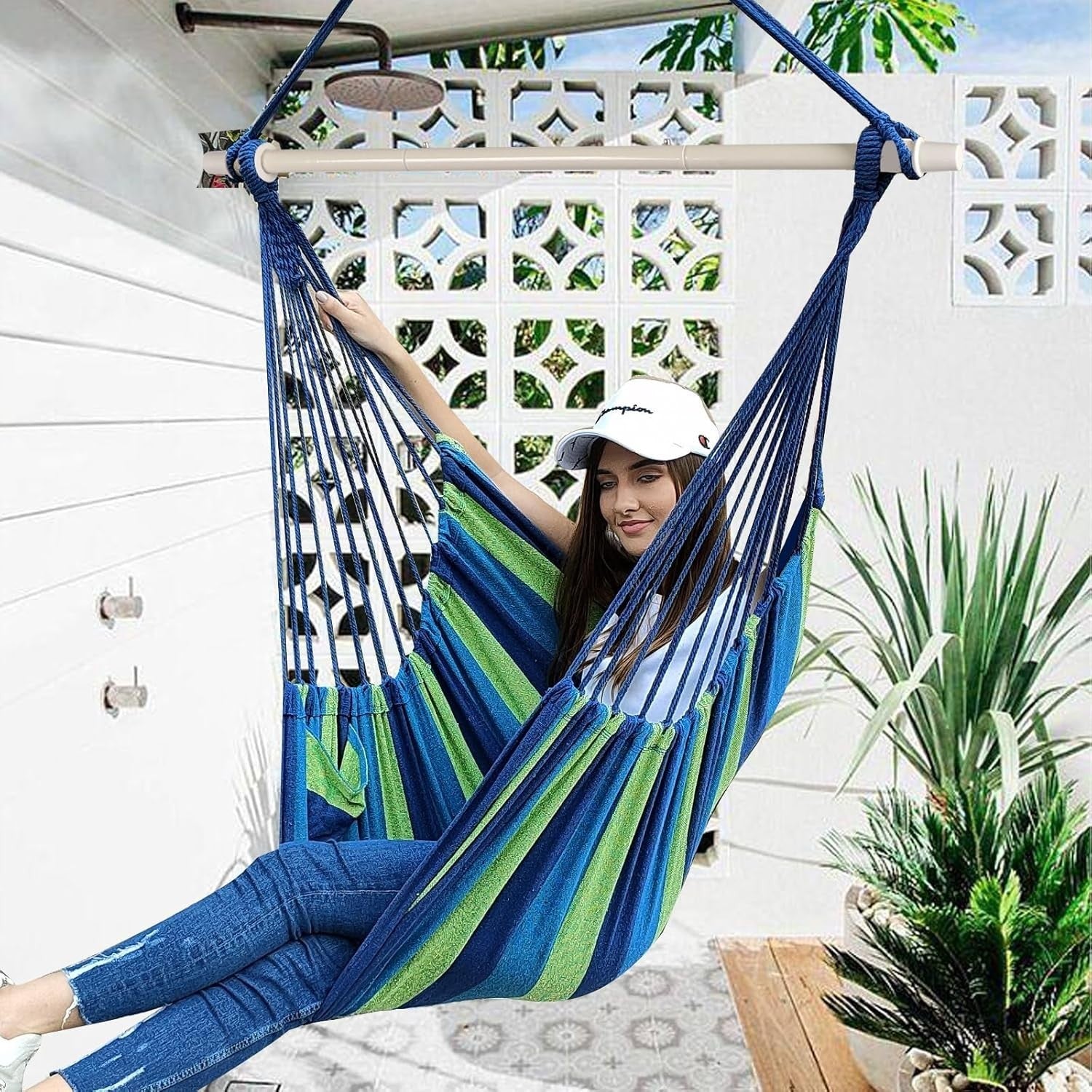 Hammock Chair Swing – Portable Cotton Seat, Collapsible Metal Bar Indoor/Outdoor