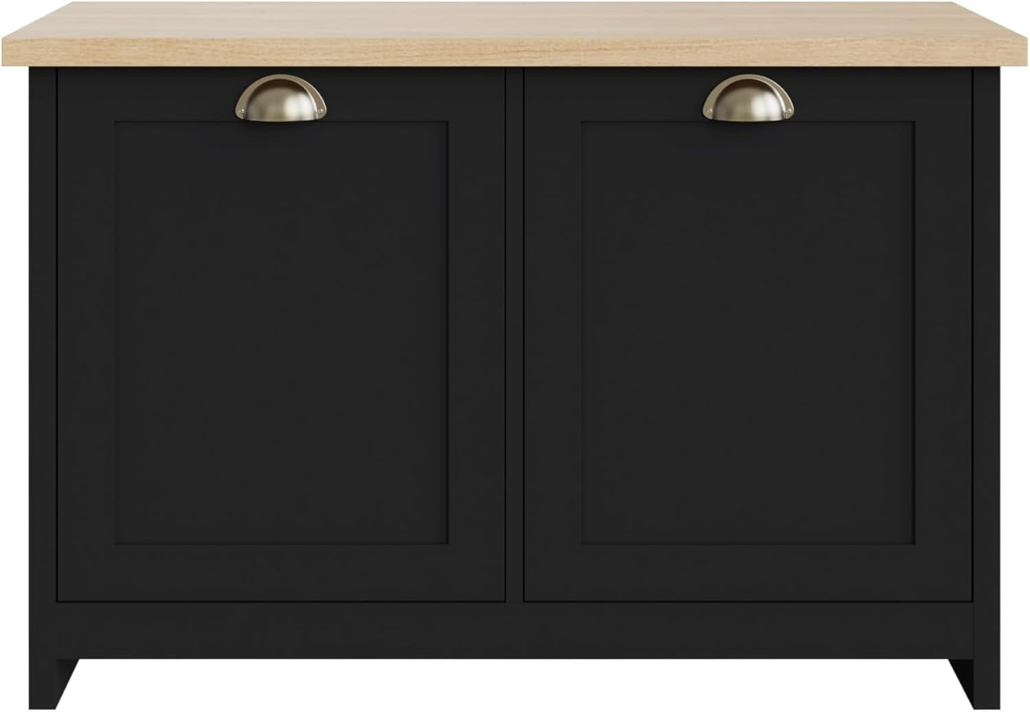 Black Shoe Storage Cabinet 4 Shelves with Oak Top Compact Sideboard