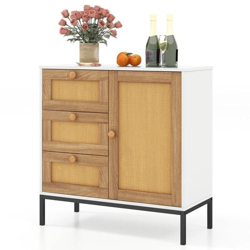 Rattan Sideboard Cabinet with Drawers & Door Boho Farmhouse Storage Unit