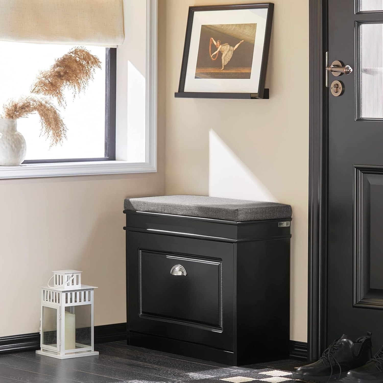 Narrow Shoe Storage Bench with Flip Drawer & Grey Cushion, 61x24x51 cm Black