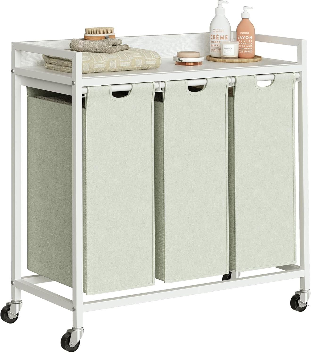 3 Section Laundry Basket with Shelf White Removable Bags Wheels 180L Modern