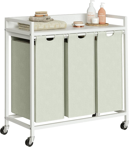 3 Section Laundry Basket with Shelf White Removable Bags Wheels 180L Modern