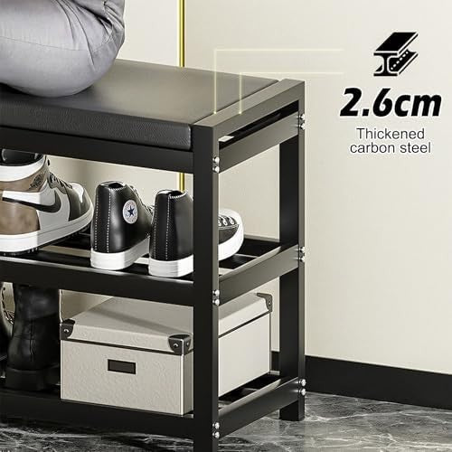 3 Tier Shoe Rack Bench with Cushion Seat Carbon Steel Entryway Storage 65cm
