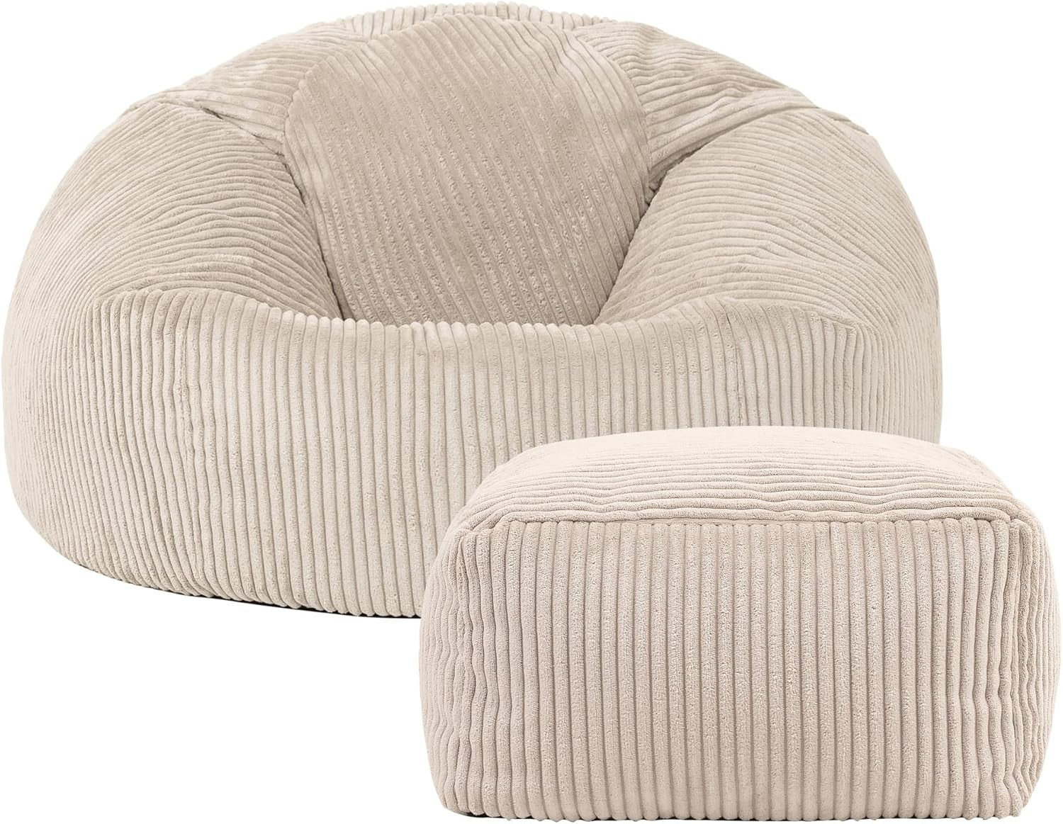 Corded Bean Bag Chair & Footstool - Comfortable, Durable, Versatile - Stone