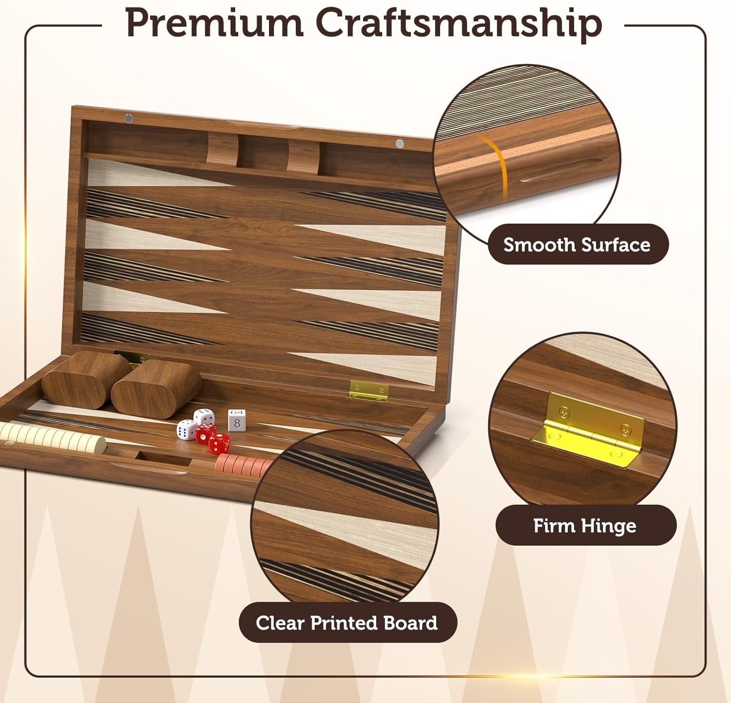 15 Inch Wooden Backgammon Set Folding Travel Board Game Dice Cups