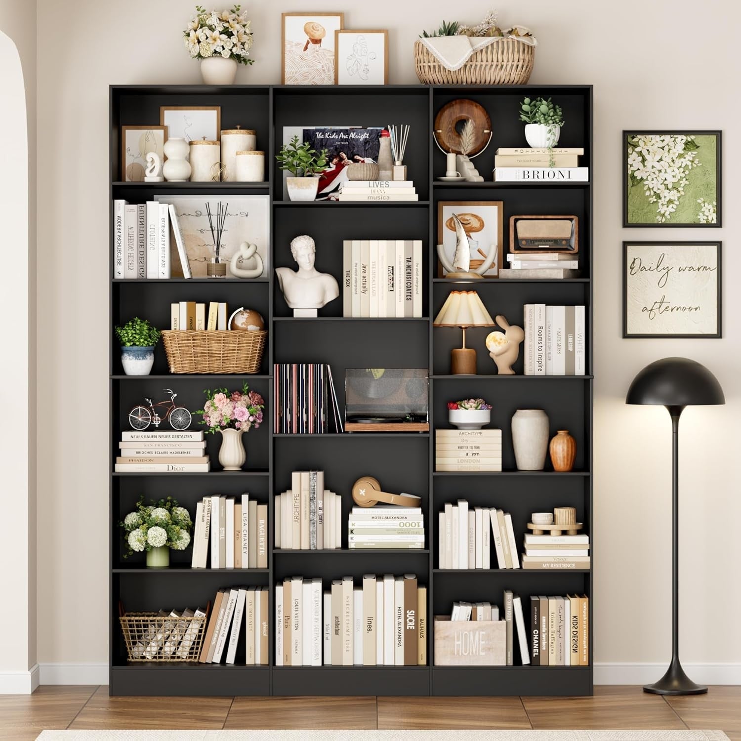 Tall Black 6-Tier Bookshelf with 17 Compartments Modern Display Storage Unit
