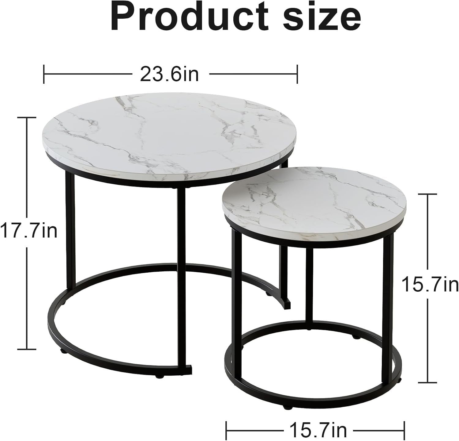 Nesting Coffee Table Set 2 Round Black Marble Metal Frame Living Room Furniture