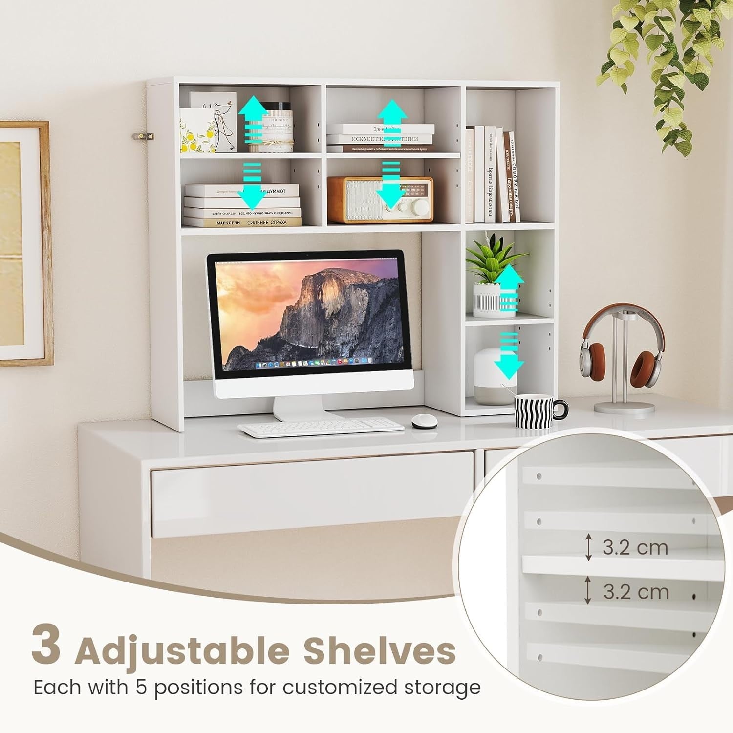 White Desktop Bookshelf 3-Shelf Adjustable Hutch Organizer Rack 94cm