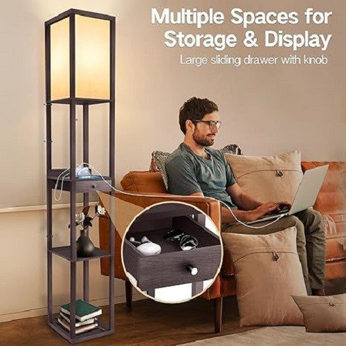 Floor Lamp with Drawer Shelves USB C Dimmable LED Wooden Standing Light