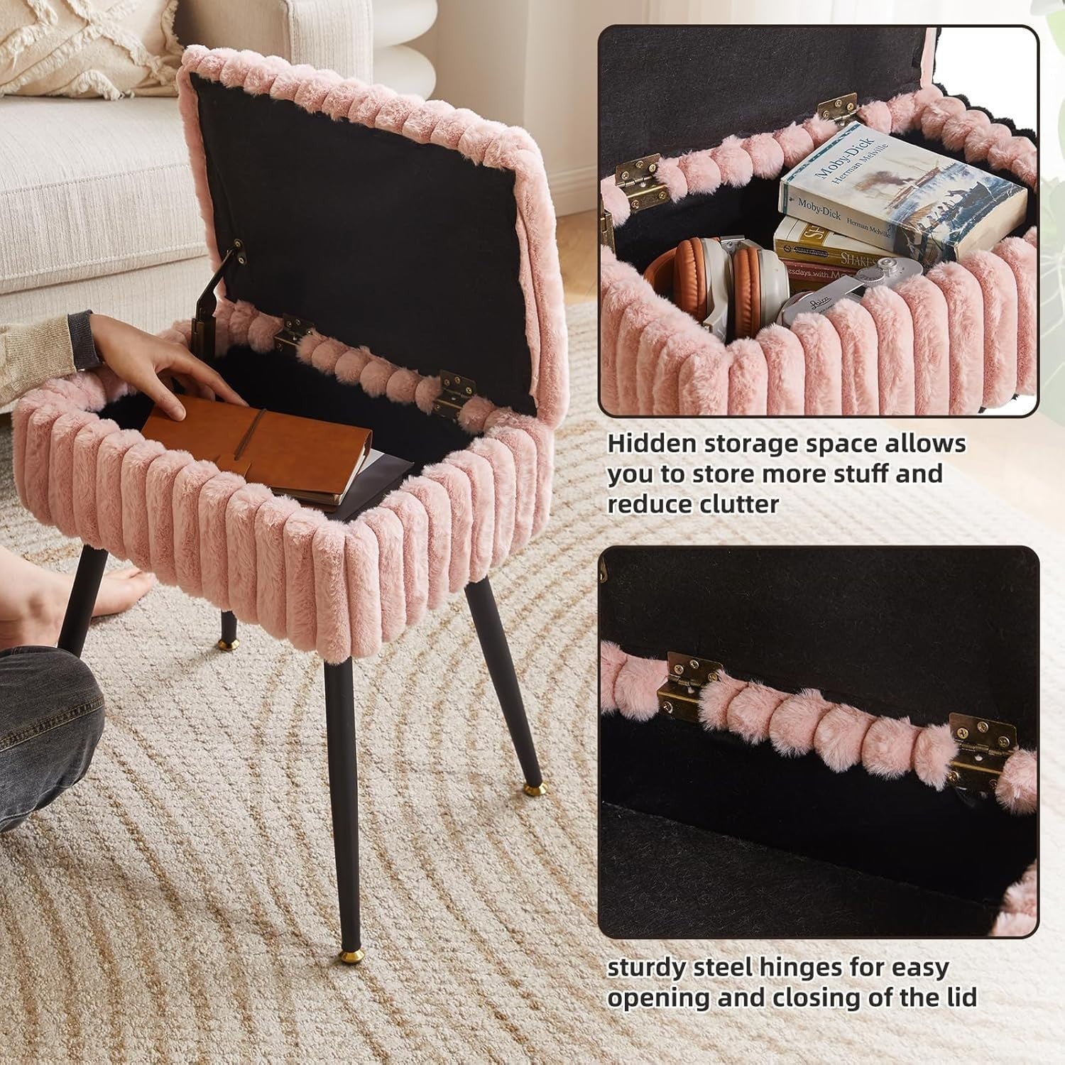 Pink Velvet Vanity Stool with Storage – Rectangular Ottoman Seat