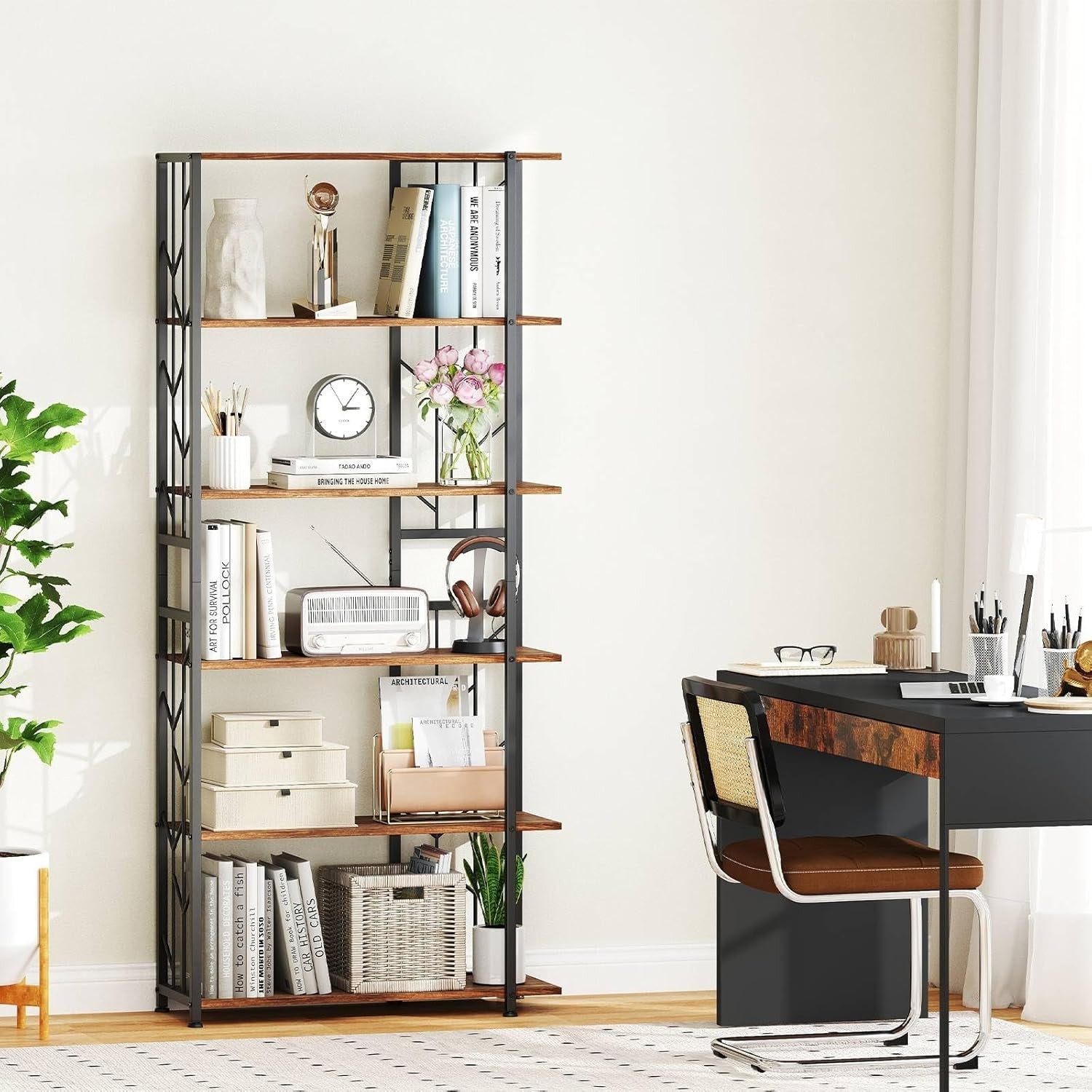 Industrial 5/6 Tier Bookshelf Tall Metal & Wood Display Storage Rack 80×31×180cm