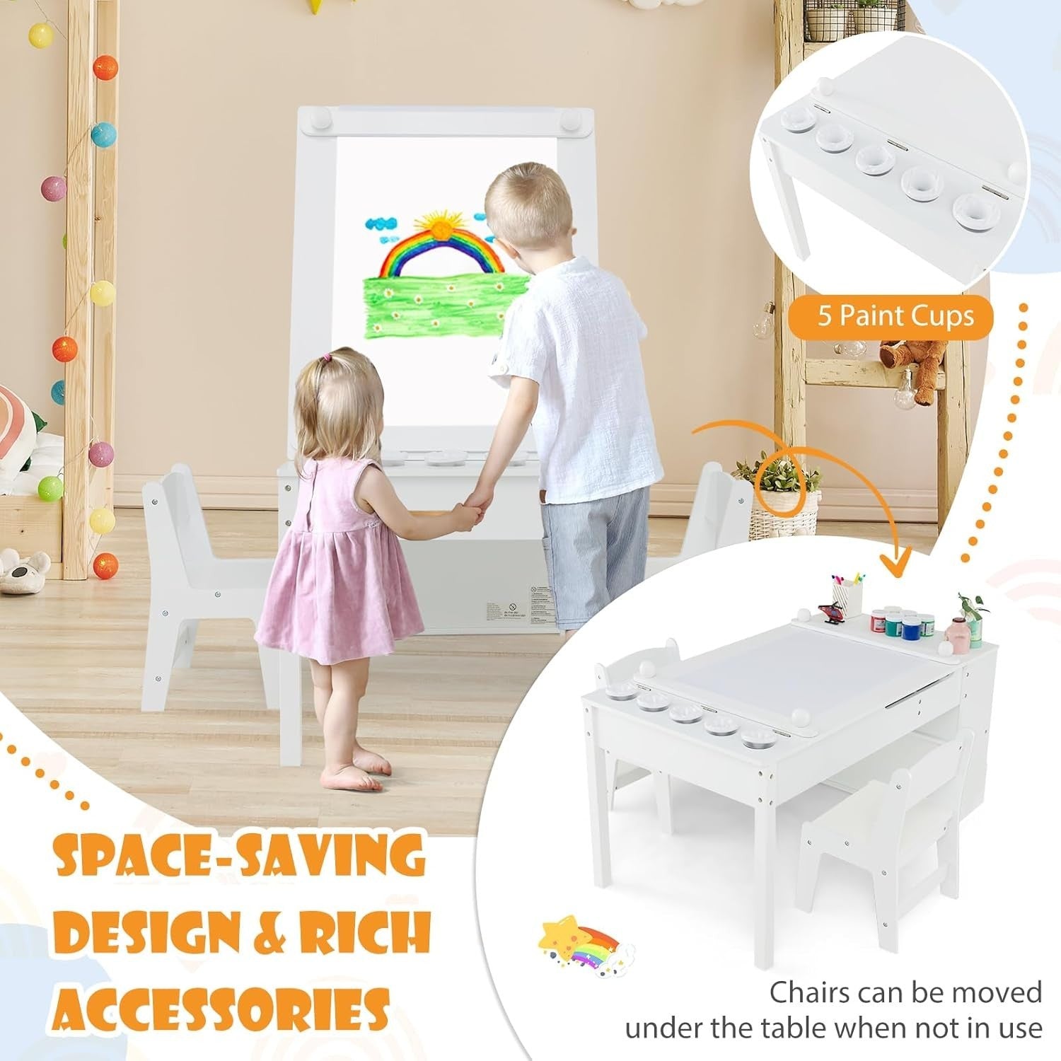Kids Activity Table & 2 Chairs Set w/ Storage, Paper Roll, 5 Paint Cups
