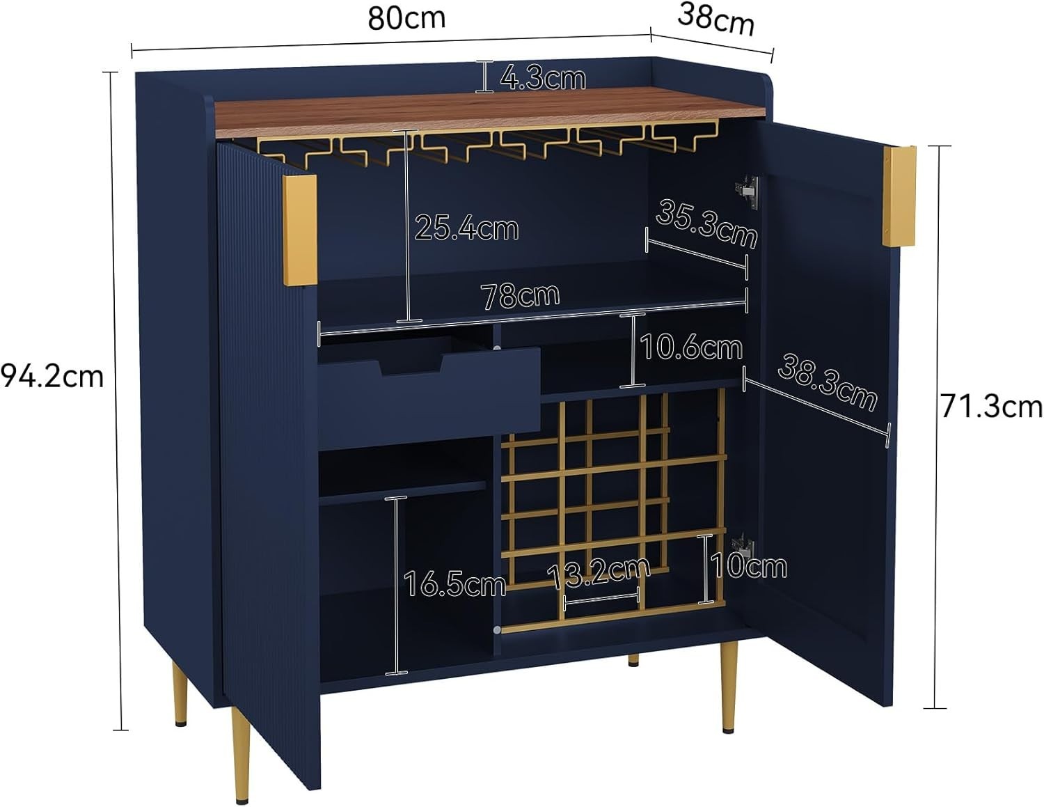 Luxury Blue Drinks Cabinet with Wine Rack & Glass Holders – Modern Bar Sideboard