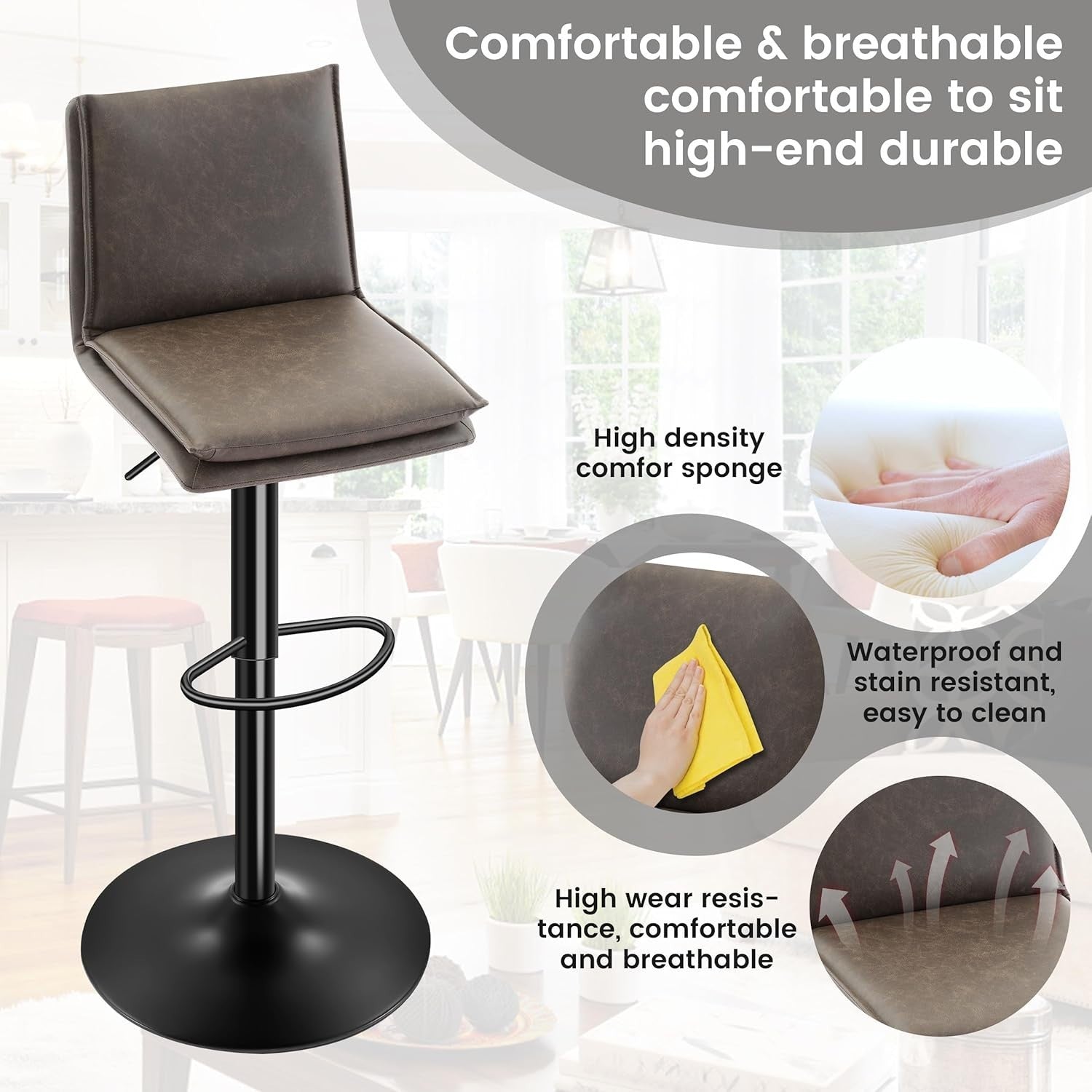 Adjustable PU Leather Bar Stools Set of 2 – Rotating Kitchen Chairs