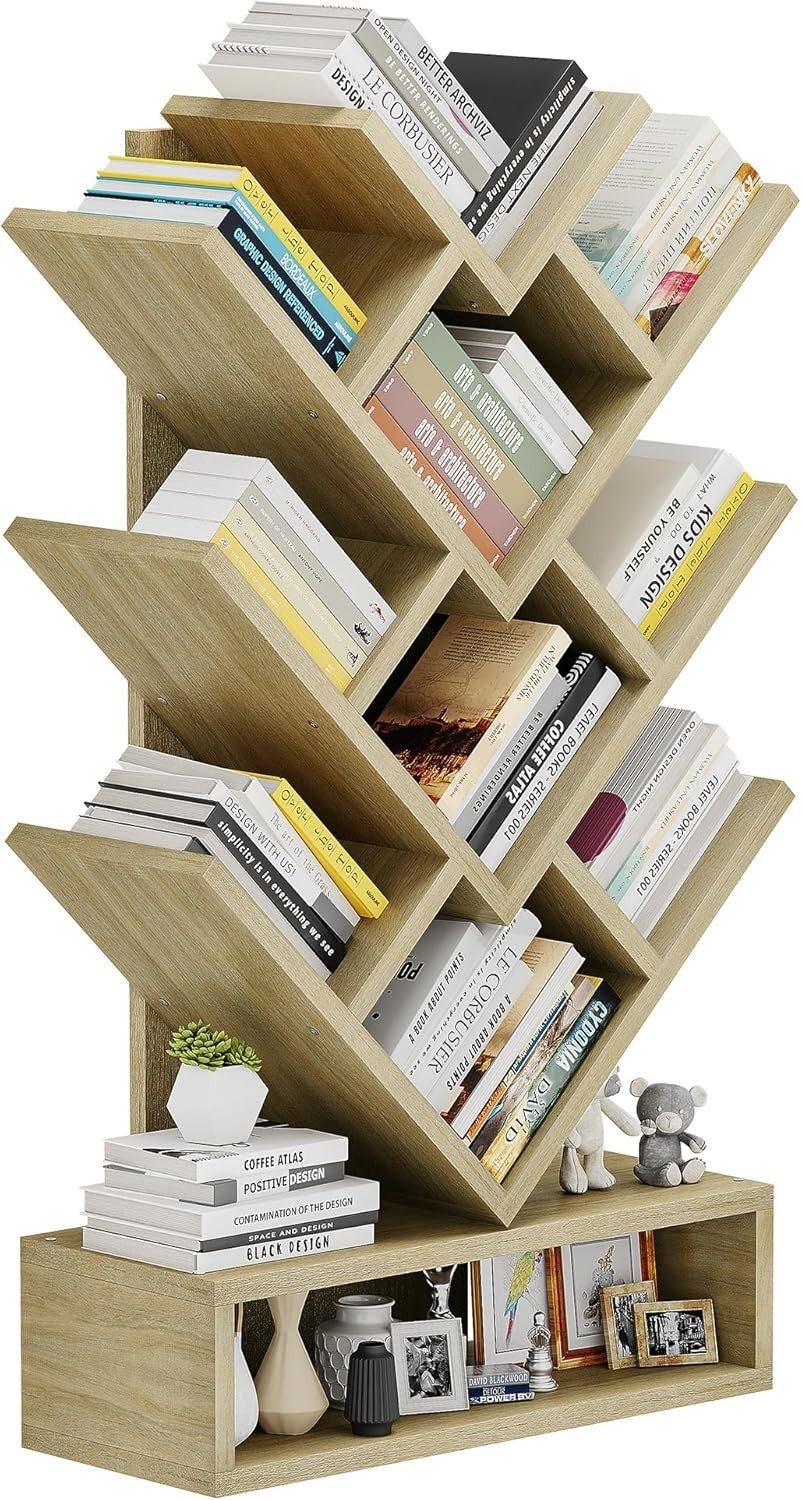 Tree Bookshelf with Drawer 5 Tier Oak  Wooden Bookcase Storage Rack