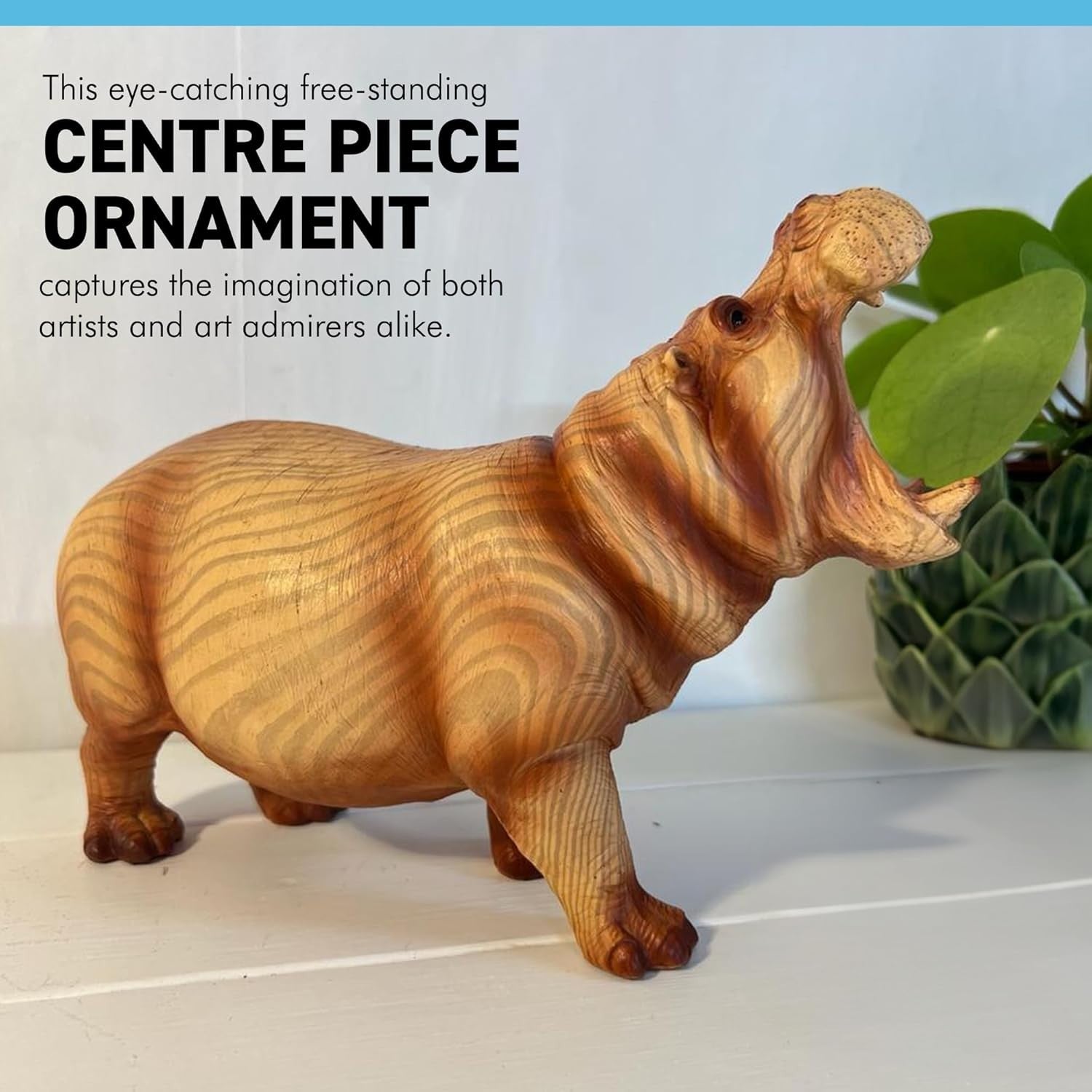 Wood-Effect Hippo Ornament 22cm | Open-Mouth Wildlife Sculpture | Rustic Animal