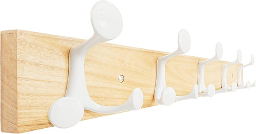 Natural Wood Wall Coat Rack 5 Triple Hooks | 61cm Modern Hanging Rail
