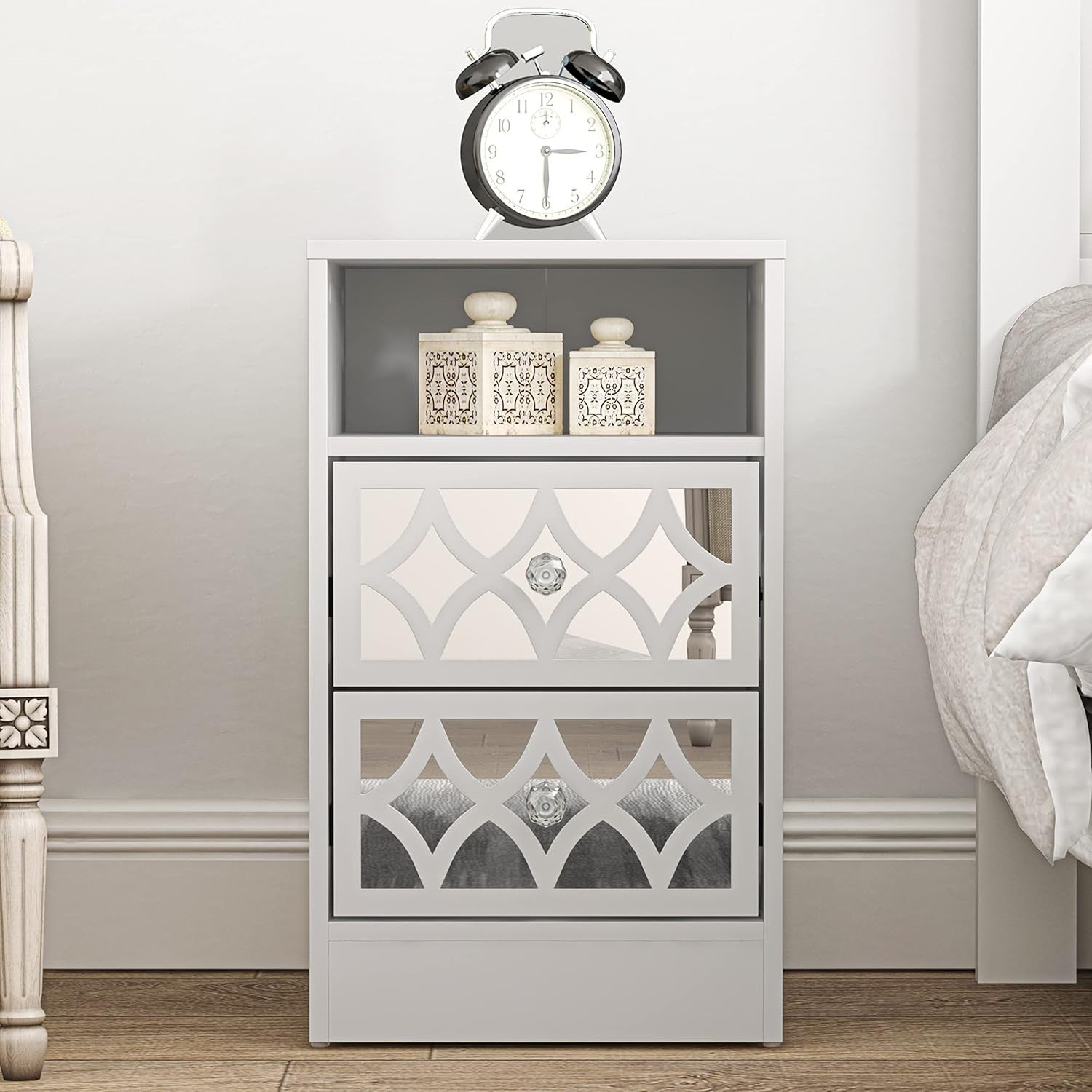 White Bedside Table with Mirror Drawers, Modern 2 Drawer Nightstand for Bedroom