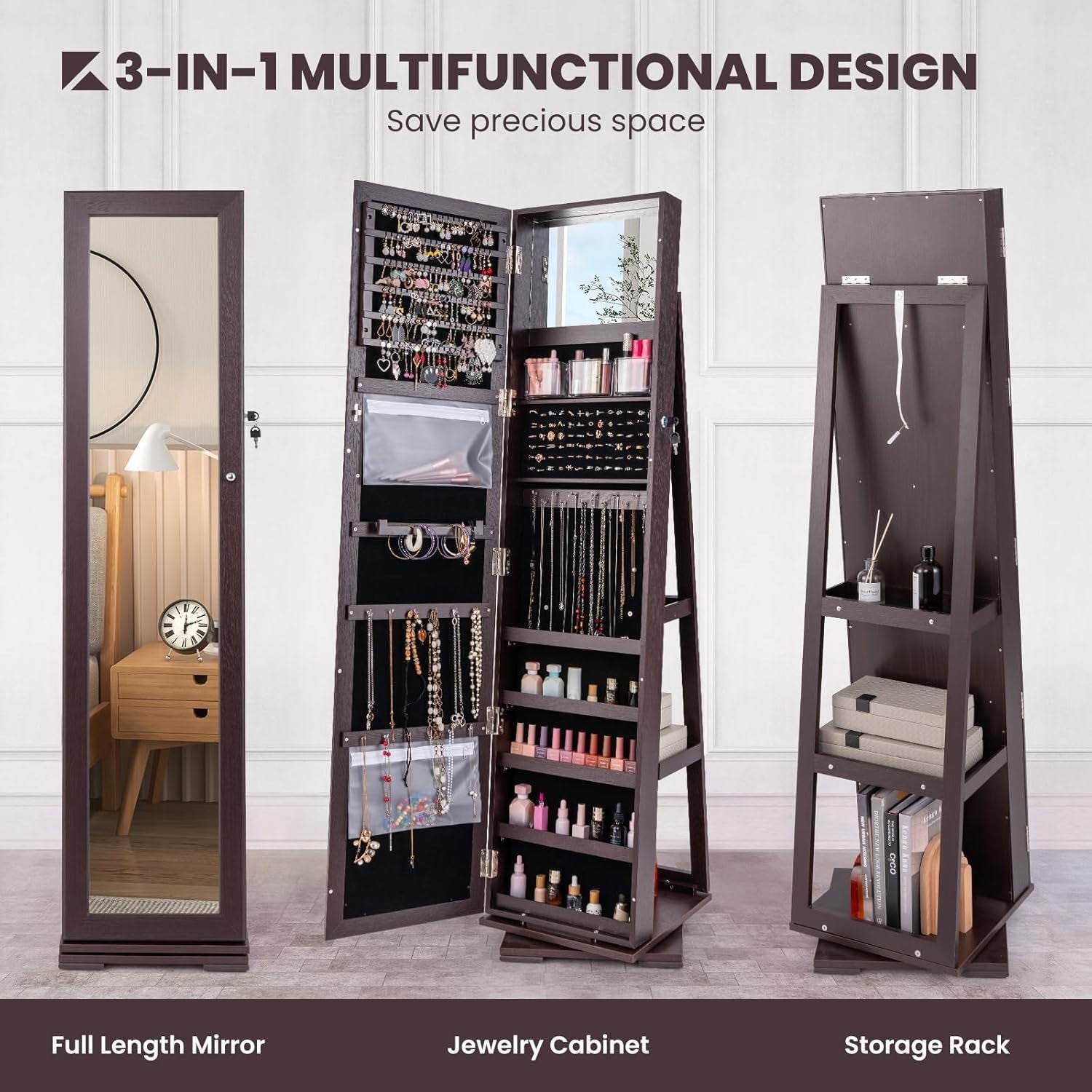 360° Swivel Jewelry Armoire Mirror Lockable Storage Cabinet with Rear Shelves