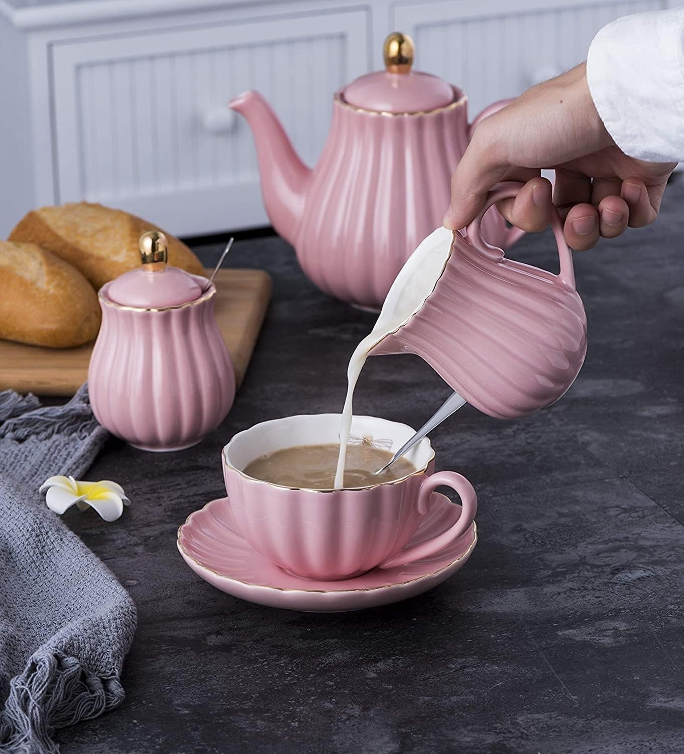 Vintage Porcelain Tea Set Teapot Milk Jug Sugar Bowl Pink Floral