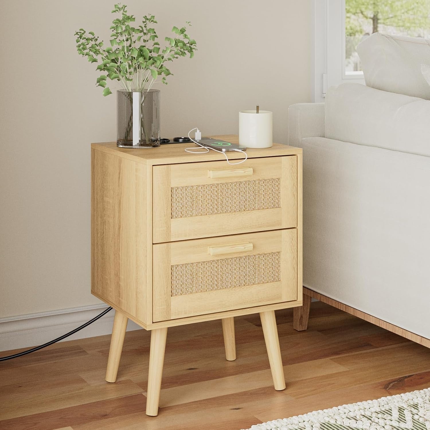 Rattan Bedside Table with 2 Drawers | Natural Wooden Nightstand for Bedroom