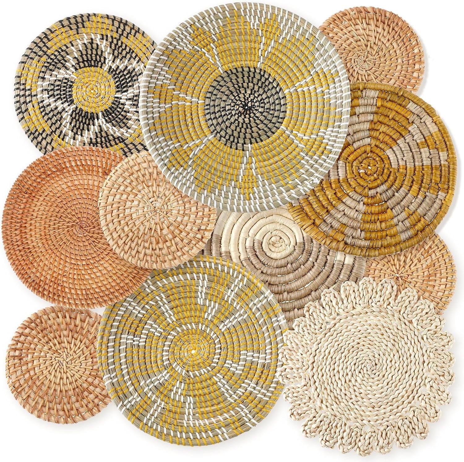 Boho Wall Basket Decor 11pcs Multi-Size Bulrush Rustic Lively