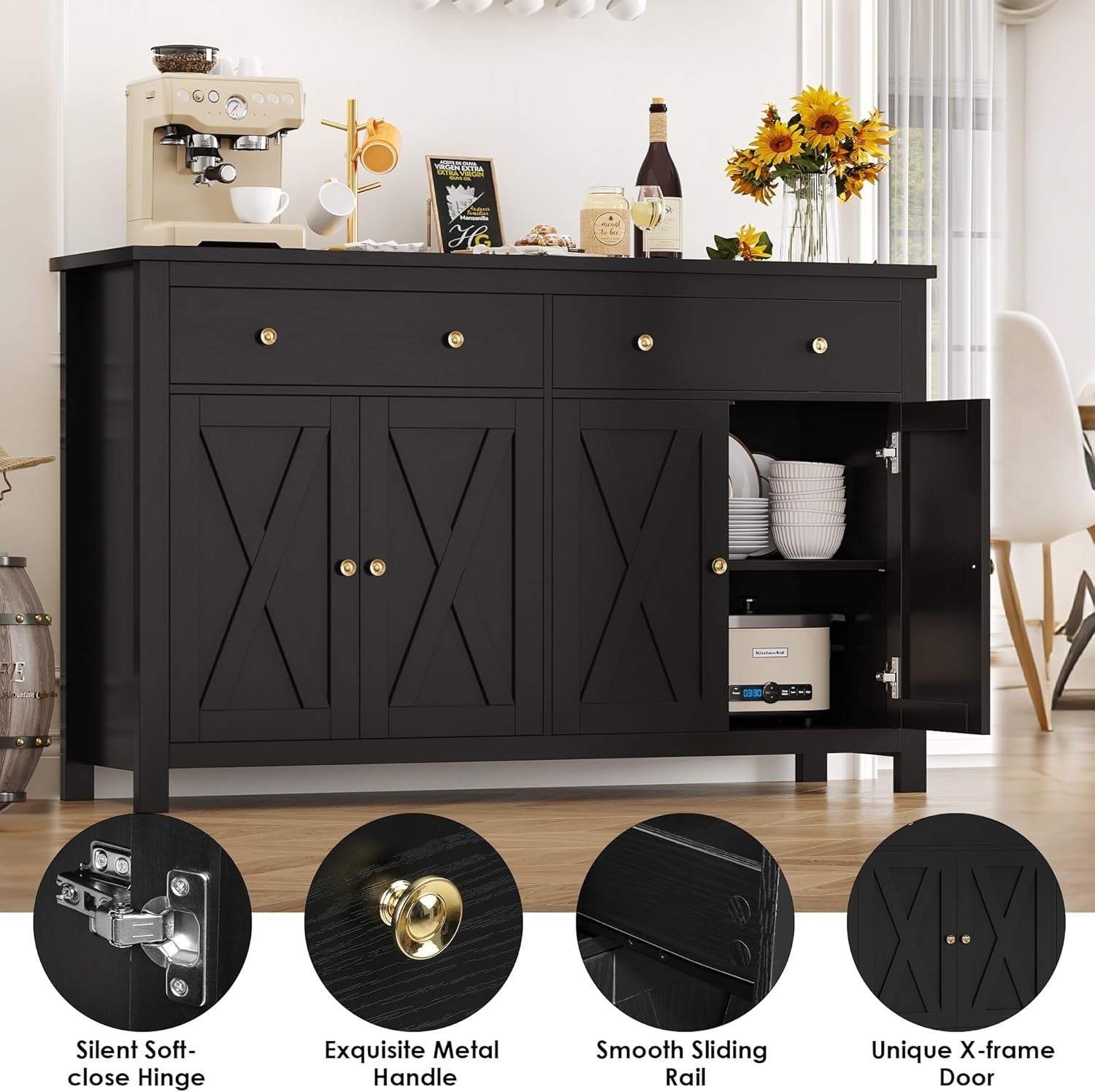 Black  Kitchen Sideboard Cabinet 3 Doors 2 Drawers Adjustable Shelves Large