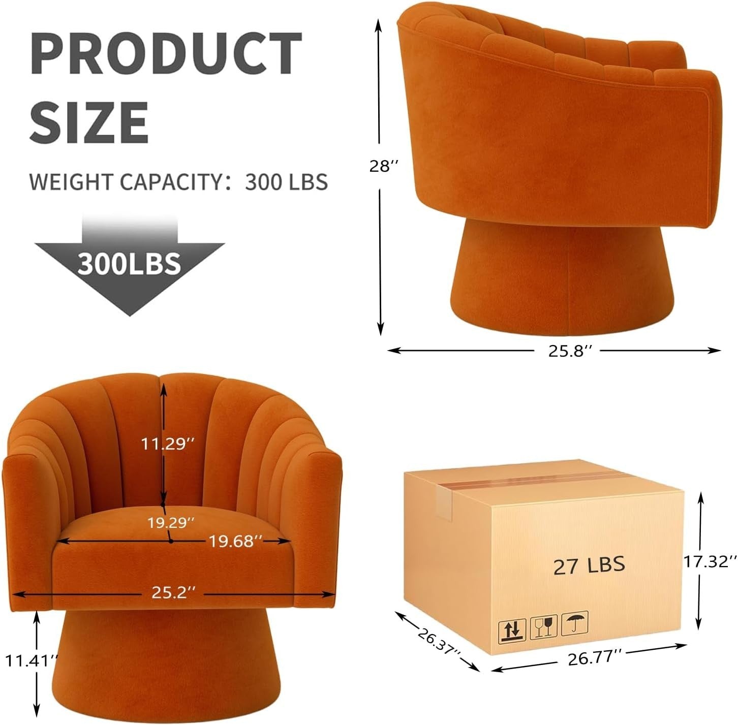 Orange Velvet Swivel Accent Chair 360° Modern Armchair for Lounge Room