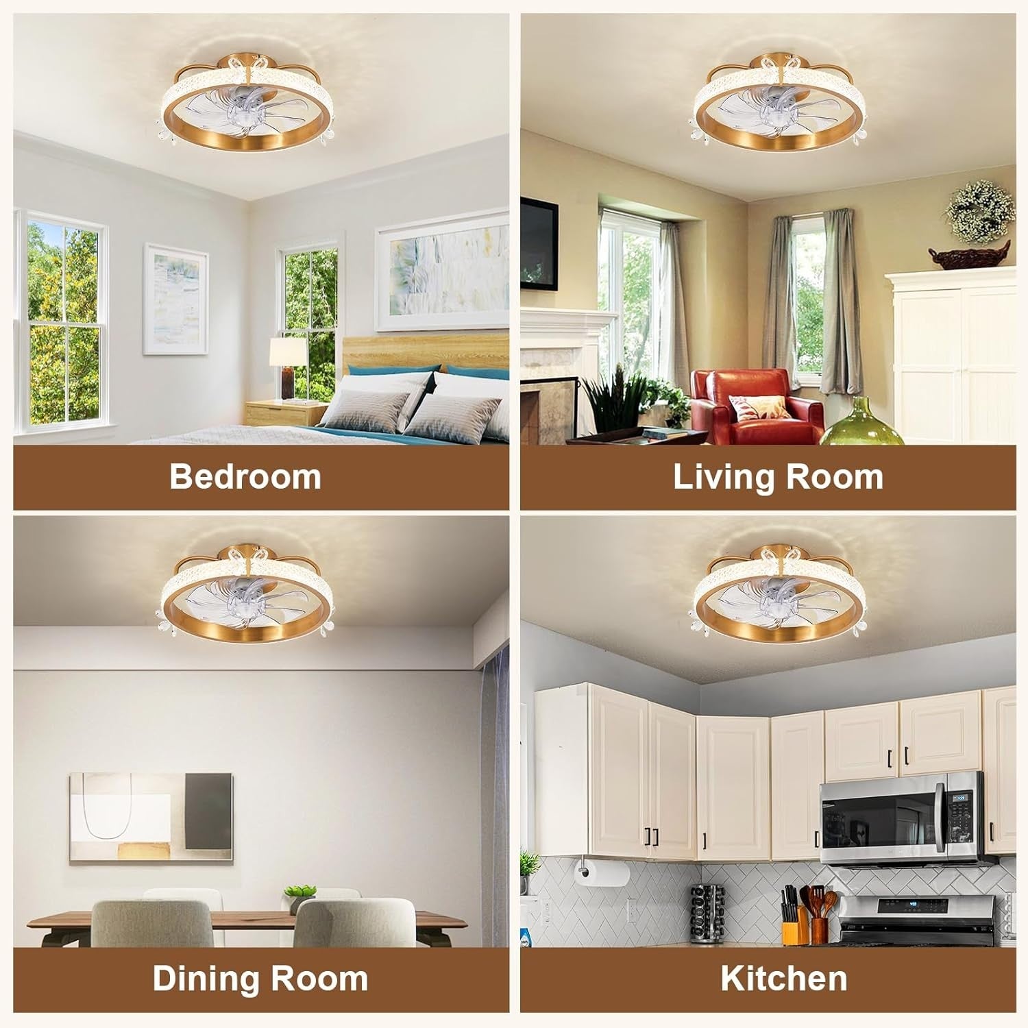 19" Gold Caged Ceiling Fan with Light, Crystal, Remote, 6-Speed