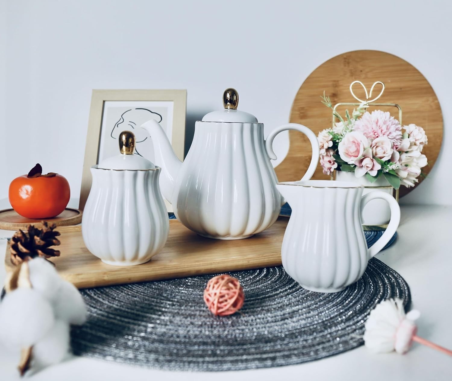Porcelain Tea Set Teapot Milk Jug Sugar Bowl White Coffee Tea Set