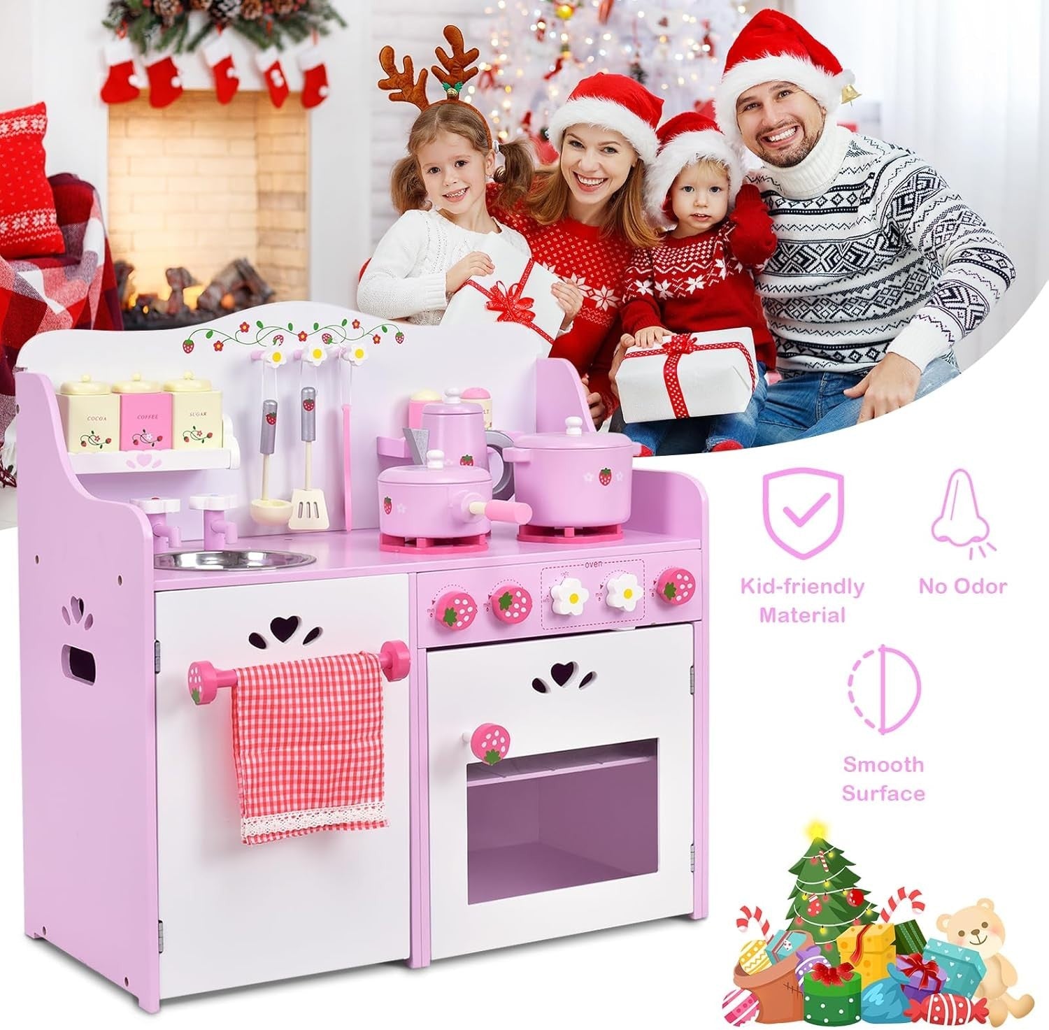 Kids Wooden Play Kitchen Pink Pretend Cooking Set w/ 13 Accessories