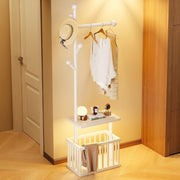 White Solid Wood Coat Rack with Wheels & Storage Basket Freestanding Hall Stand