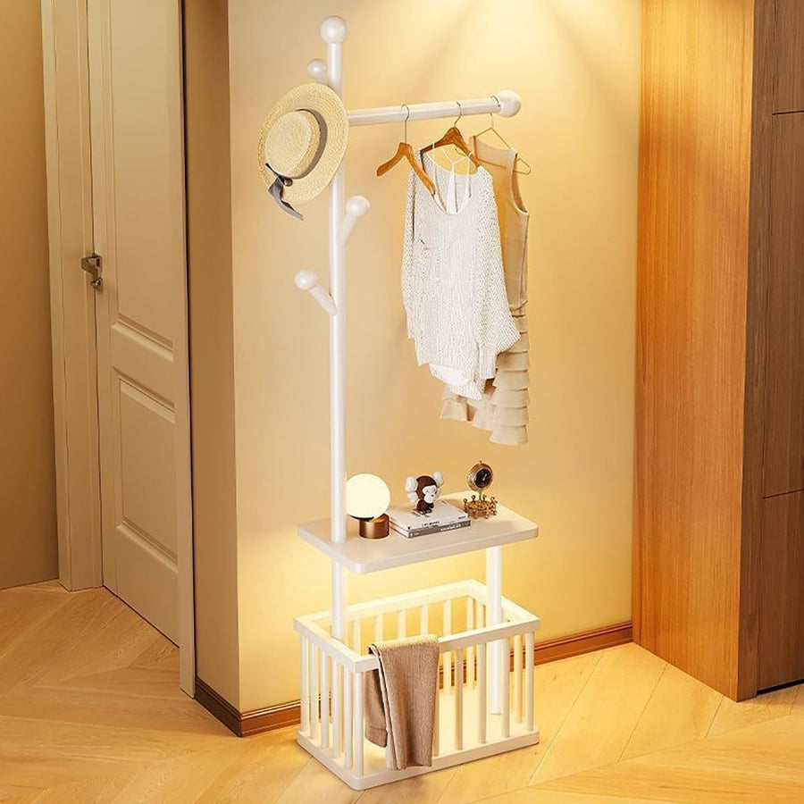 White Solid Wood Coat Rack with Wheels & Storage Basket Freestanding Hall Stand