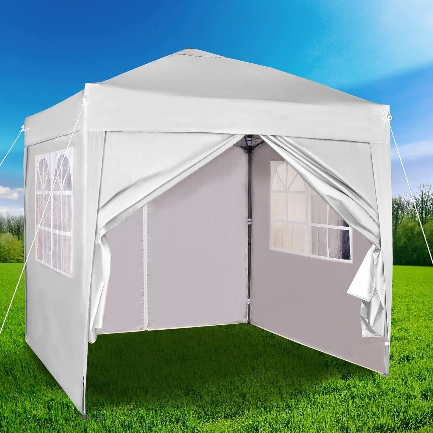 2x2m Pop Up Gazebo Waterproof w/ Sides White Silver Protective Canopy