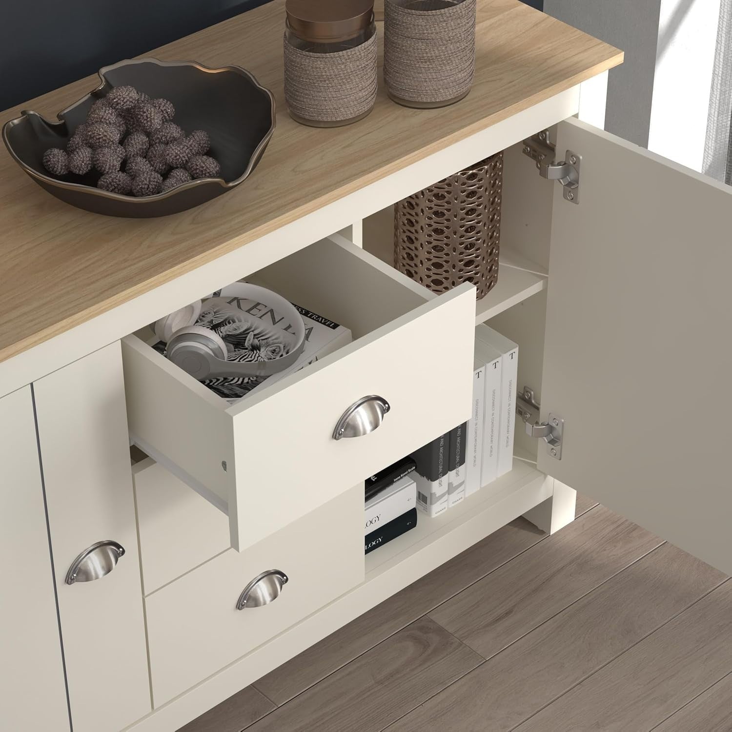 Modern Storage Sideboard Cabinet 2 Doors 3 Drawers Ivory Oak Finish