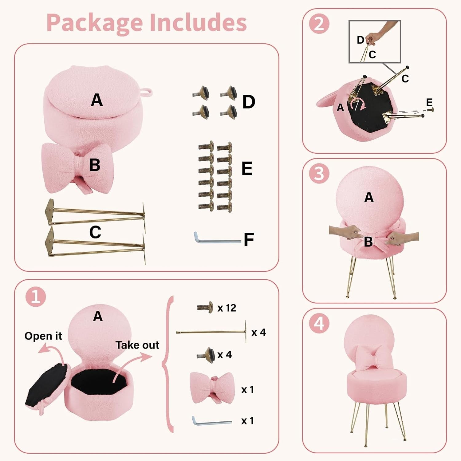 Pink Sherpa Vanity Chair with Storage & Foldable Back – Makeup Stool