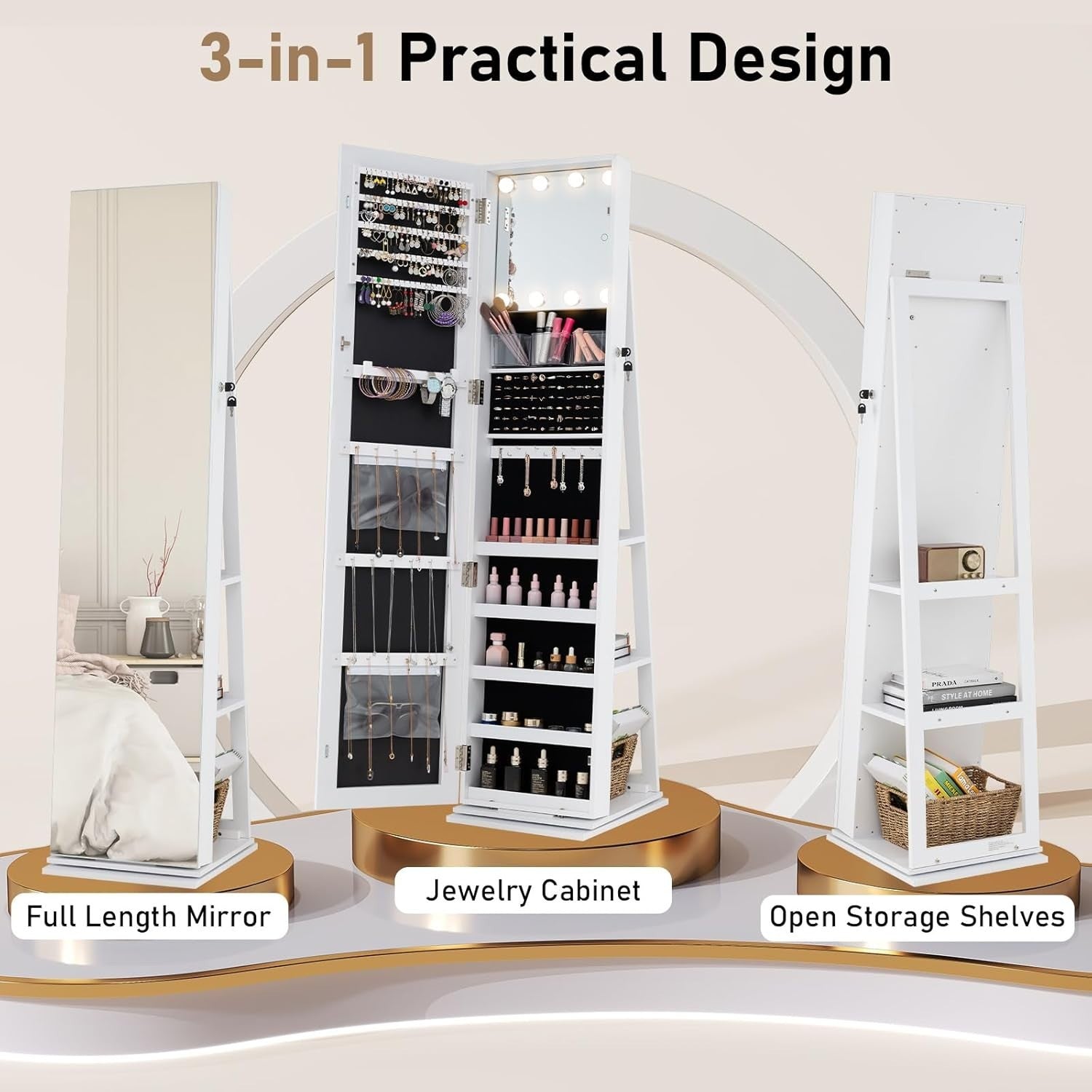 White 360° Swivel Jewelry Cabinet LED Makeup Mirror Lockable Storage