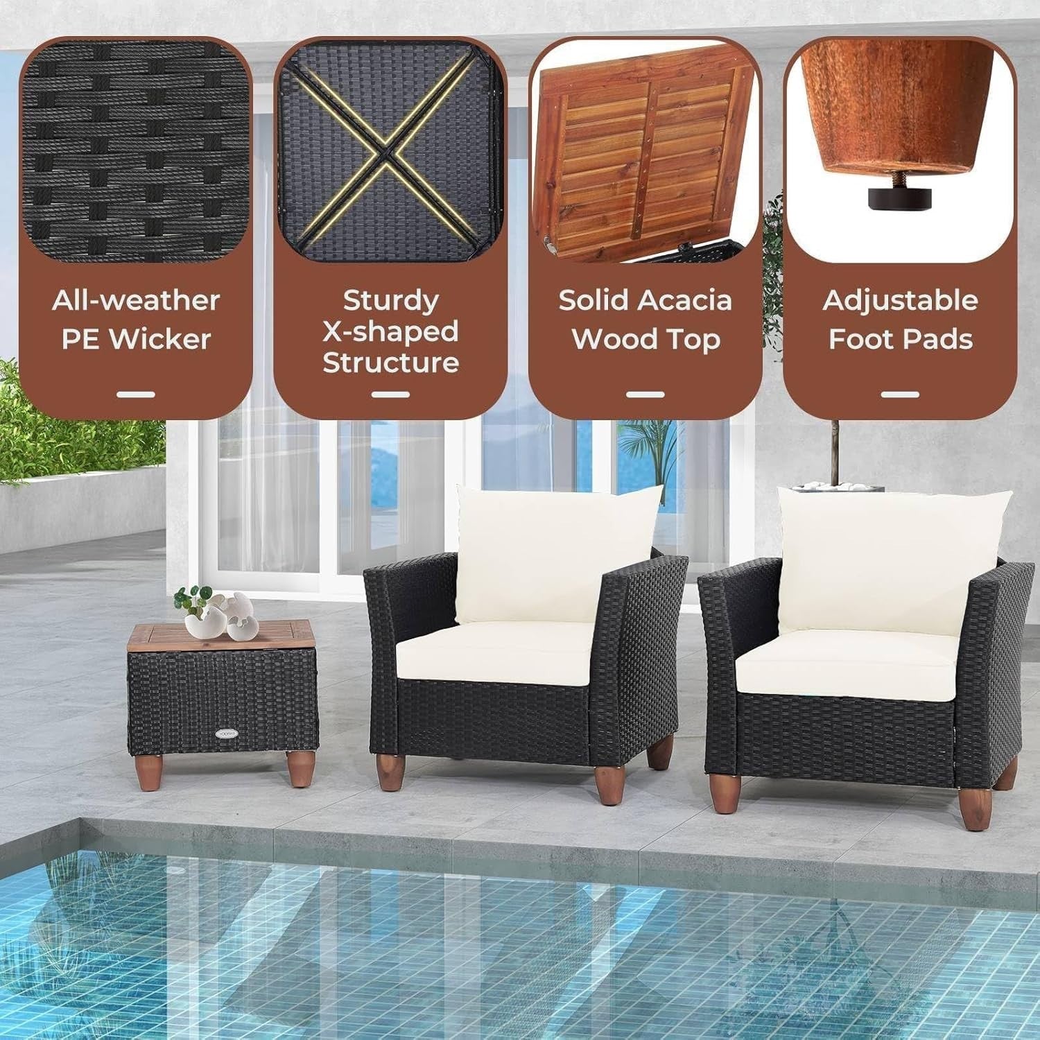 Outdoor Rattan Bistro Set 3 Piece Patio Chairs with Storage Table & Cushions