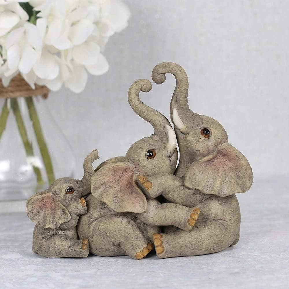 Grey Elephant Family Ornament Rustic Resin Decor 12.5x14cm Sentimental Gift Home