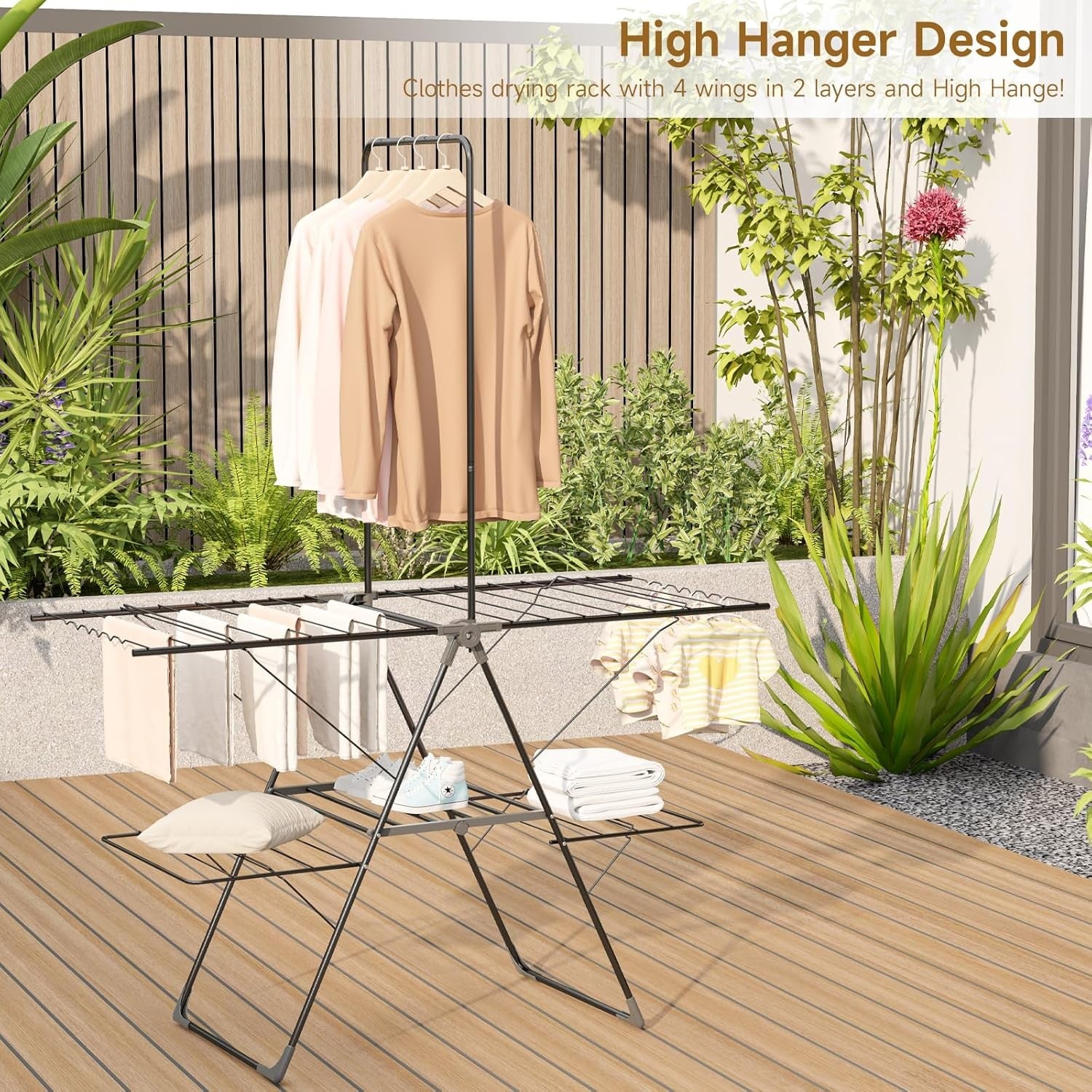 Large Winged Clothes Airer with High Hanger Folding Stainless Steel Drying Rack