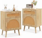 Boho Rattan Bedside Tables Set of 2 – Wooden Nightstands with Drawer & Door