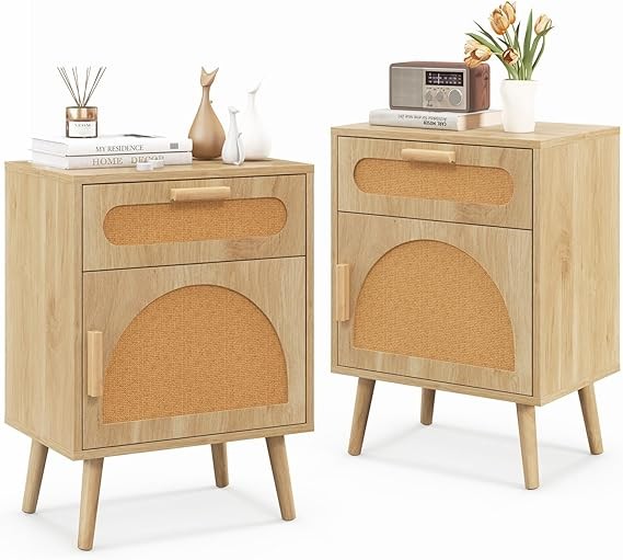 Boho Rattan Bedside Tables Set of 2 – Wooden Nightstands with Drawer & Door